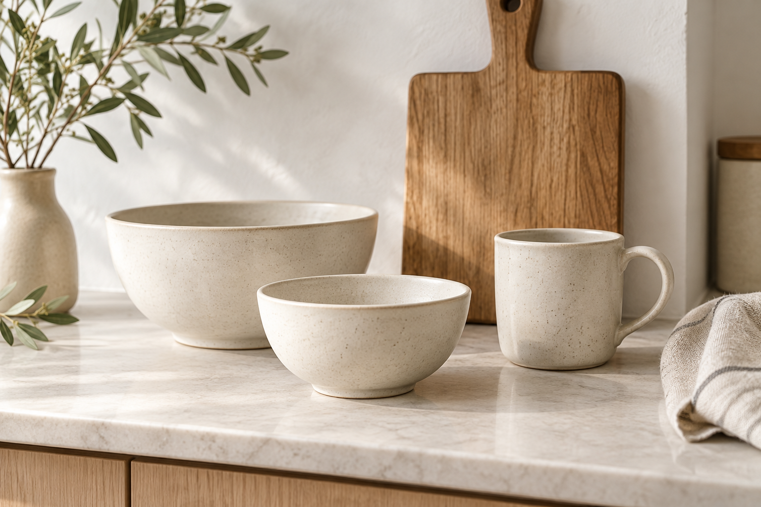 Bright home kitchen with pale wood, ceramics and linen