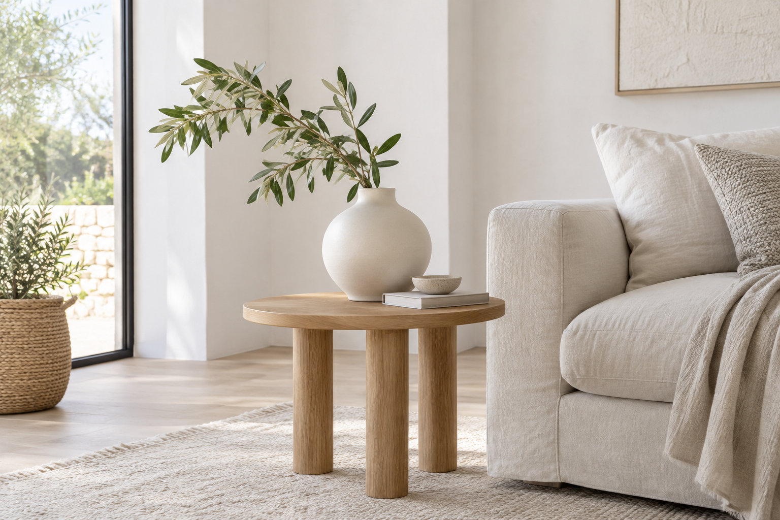 Light-filled living room with a linen sofa and decorative ceramics