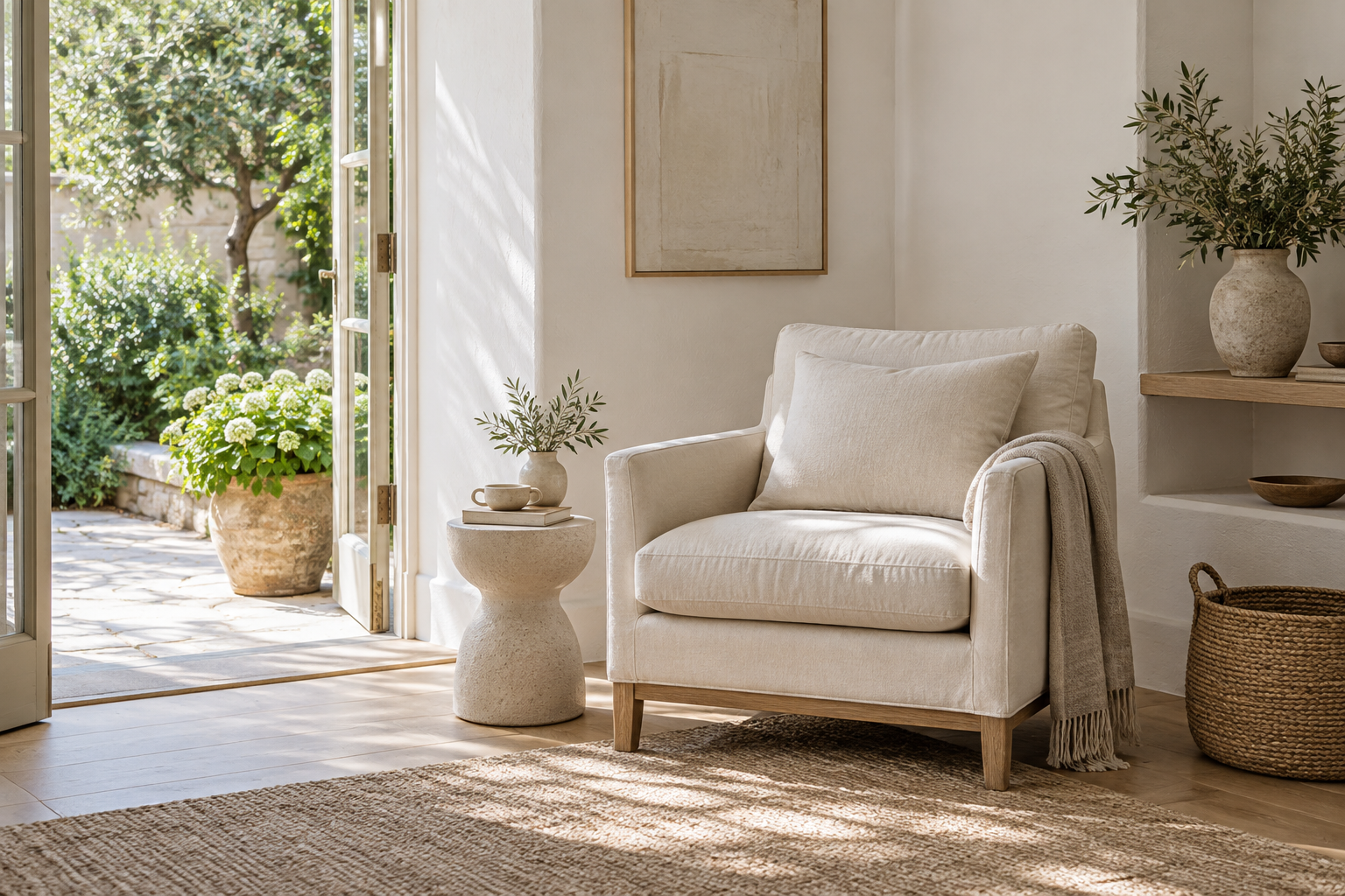 Calm home corner with an open garden door, ceramics and soft textiles