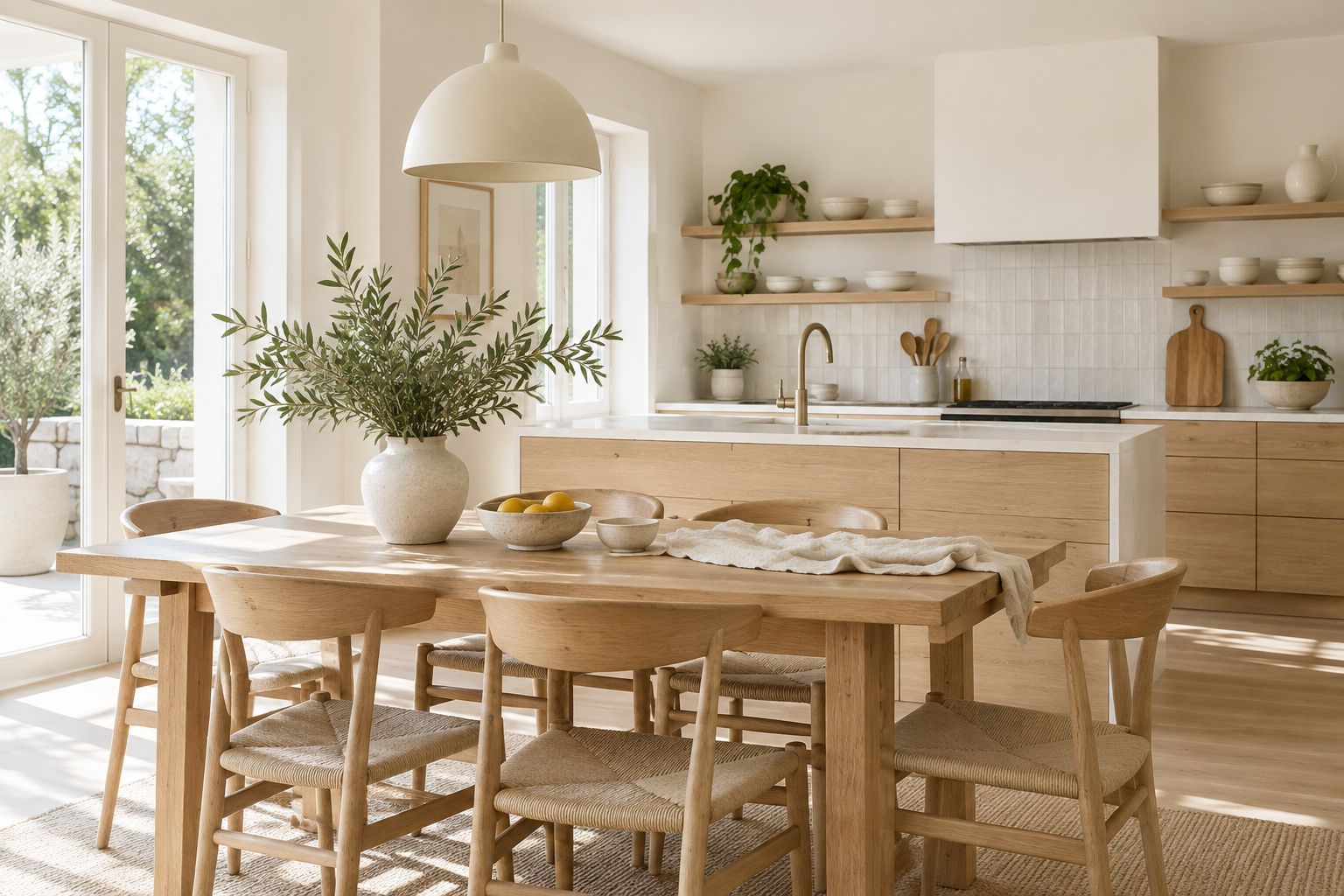 Sunlit kitchen with a wooden dining table, ceramics and linen