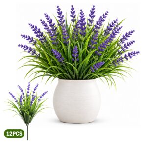 12 Bundles Artificial Plants with Flowers for Outdoor Pots, Artificial Plant Decor for Window, Garden, Patio, Hanging Planter, Pathway & Front Porch