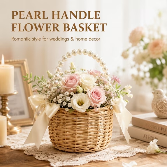 Flower Girl Basket, Small Wicker Basket with Pearl Handle and Bow, 5.9 Inch Rattan Flower Basket, Lightweight Wedding Basket for Petals, Ceremony Aisle, Home Decor and Flower Girl Gifts - Image 2
