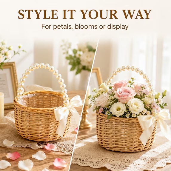 Flower Girl Basket, Small Wicker Basket with Pearl Handle and Bow, 5.9 Inch Rattan Flower Basket, Lightweight Wedding Basket for Petals, Ceremony Aisle, Home Decor and Flower Girl Gifts - Image 3