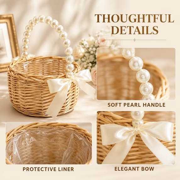 Flower Girl Basket, Small Wicker Basket with Pearl Handle and Bow, 5.9 Inch Rattan Flower Basket, Lightweight Wedding Basket for Petals, Ceremony Aisle, Home Decor and Flower Girl Gifts - Image 5