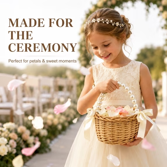 Flower Girl Basket, Small Wicker Basket with Pearl Handle and Bow, 5.9 Inch Rattan Flower Basket, Lightweight Wedding Basket for Petals, Ceremony Aisle, Home Decor and Flower Girl Gifts - Image 6