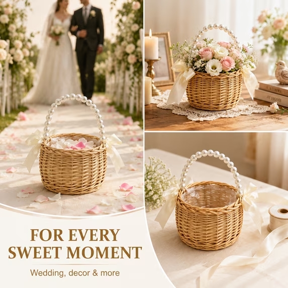 Flower Girl Basket, Small Wicker Basket with Pearl Handle and Bow, 5.9 Inch Rattan Flower Basket, Lightweight Wedding Basket for Petals, Ceremony Aisle, Home Decor and Flower Girl Gifts - Image 7