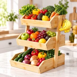 3 Tier Fruit Basket for Kitchen Counter with Banana Holder, Bamboo Stand for Snacks, Bread, Produce & Farmhouse Kitchen