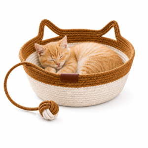 Large Round Cat Bed, Natural Wicker Cat Basket with Scratcher, Cozy Elevated Kitty Hammock for Indoor Cats, Pet Furniture