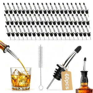 60 Pack Stainless Steel Liquor Bottle Pour Spouts with Dust Caps, Oil Vinegar Wine Pourers for Bar & Home Use