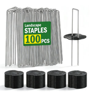 50 Pcs Garden Stakes Landscape Staples Set, 6 Inch 11 Gauge Heavy Duty Galvanized U-Shaped Pins with 50 Gaskets for Weed Barrier Fabric, Grass Sod, Artificial Turf & Yard Landscape, Weed Barrier