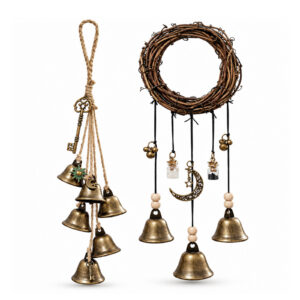 2 Pack Handmade Boho Door Hanging Decor, 13.5 & 12.2 Inch Brass Bells with Jars, Vintage Wall Ornament for Home
