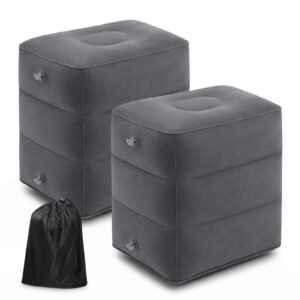 2 Pack Inflatable Foot Rest Pillow for Airplane Travel, PVC Travel Footrest Pillow, Adjustable Height Airplane Foot Rest with Drawstring Carrying Bag, Dark Grey, 15 x 10 x 18 Inch