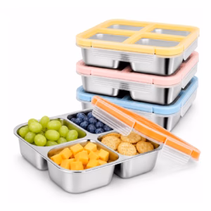 4 Pack Stainless Steel Snack Containers with Lids, 4-Compartment Leakproof Bento Boxes for Work & Travel, Dishwasher Safe
