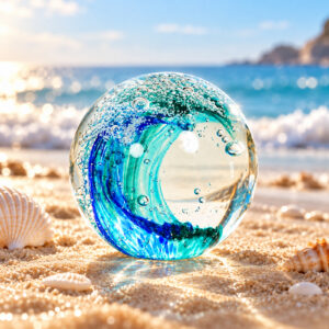 Ocean Wave Glass Ball, Hand Blown Sea Glass Paperweight, Coastal Beach Decor for Home, Aquarium & Ocean Themed Room, Gift for Beach Lovers