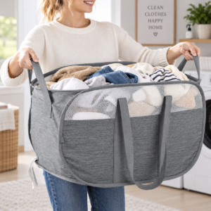Collapsible Laundry Basket with Dual Handles, Durable Pop Up Laundry Hamper, Foldable Clothes Basket for Home, Bedroom, Dorm and Travel, Grey