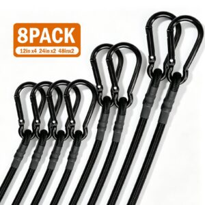 8 Pack Bungee Cords with Carabiner Hooks, 12, 24 and 48 Inch Black Elastic Cord Set, Heavy Duty Bungee Cords with Hooks and Luggage Straps for Tarps, Tents, Bikes and Camping