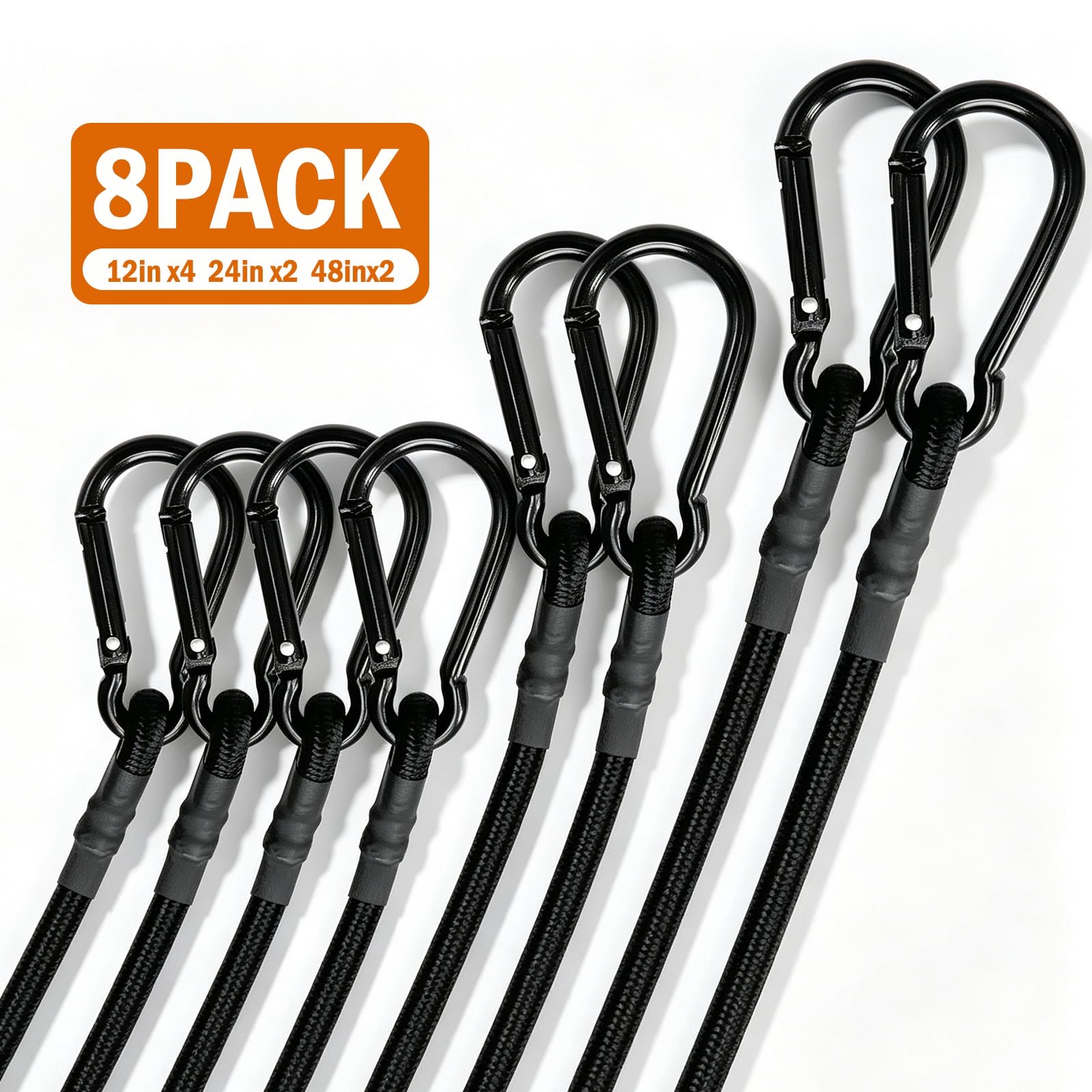 8 Pack Bungee Cords with Carabiner Hooks, 12, 24 and 48 Inch Black Elastic Cord Set, Heavy Duty Bungee Cords with Hooks and Luggage Straps for Tarps, Tents, Bikes and Camping