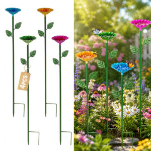 4 Pack Bee Watering Station, Red, Green, Blue and Yellow Flower Shaped Metal Bee Bath Bowl, Outdoor Garden Bee Water Feeder Decor, Butterfly Bee Water Station for Yard and Landscape Decoration