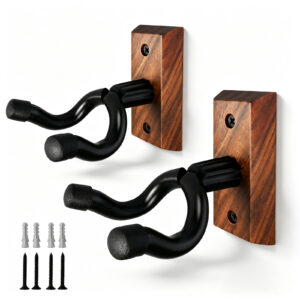 2 Pack Guitar Wall Mount, Black Walnut Wood U-Shaped Guitar Hanger Hooks, Pivoting Yoke with Safe Padding, Hold Up to 20 Lbs, Complete Mounting Hardware Included for Acoustic, Electric, Bass Display