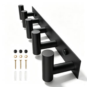 Wall Mount Coat Rack with 5 T-Shaped Hooks, Black Heavy-Duty Metal Hanging Rail, 15.5 Inch Wall Mount Hanger for Hats, Bags and Towels, Multi-Purpose Storage Organizer for Entryway, Bathroom, Closet