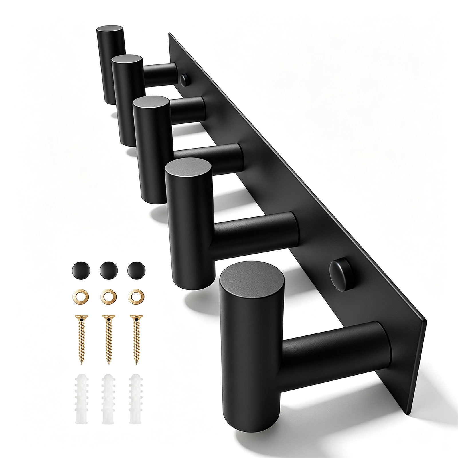 Wall Mount Coat Rack with 5 T-Shaped Hooks, Black Heavy-Duty Metal Hanging Rail, 15.5 Inch Wall Mount Hanger for Hats, Bags and Towels, Multi-Purpose Storage Organizer for Entryway, Bathroom, Closet