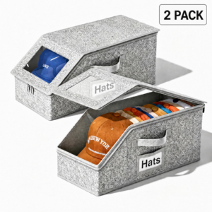 2 Pack Stackable Hat Storage for Baseball Caps，Hat Organizer for Baseball Caps, Baseball Cap Organizer and Hat Storage Box with Clear Window, Hat Organizer for Closet, Grey