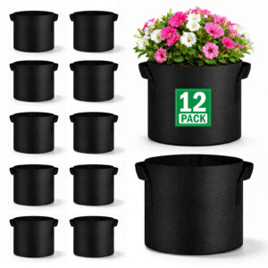 12 Pack 5 Gallon Grow Bags, Black Thick Non-Woven Fabric Plant Pots with Reinforced Handles, Breathable Aeration Planter Containers for Indoor and Outdoor Vegetable, Flower and Garden Planting