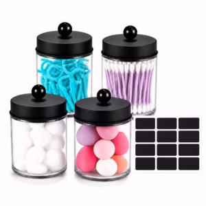 4Pcs Glass Qtip Holder Bathroom Set with Stainless Steel Lids, Glass Apothecary Jars for Bathroom, Bathroom Vanity Storage Organizer for Cotton Swabs, Cotton Rounds, Makeup Sponges, Dental Floss