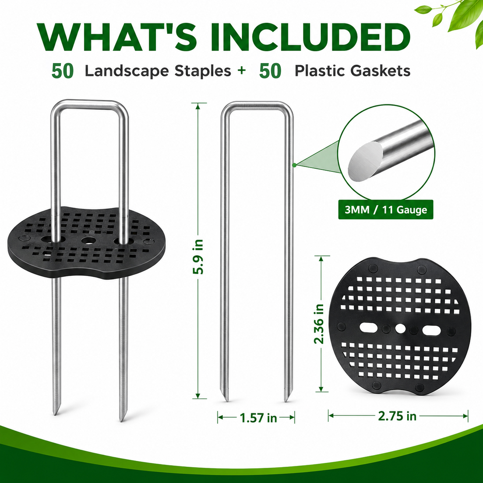 50 Pcs Garden Stakes Landscape Staples Set, 6 Inch 11 Gauge Heavy Duty Galvanized U-Shaped Pins with 50 Gaskets for Weed Barrier Fabric, Grass Sod, Artificial Turf & Yard Landscape, Weed Barrier - Image 2