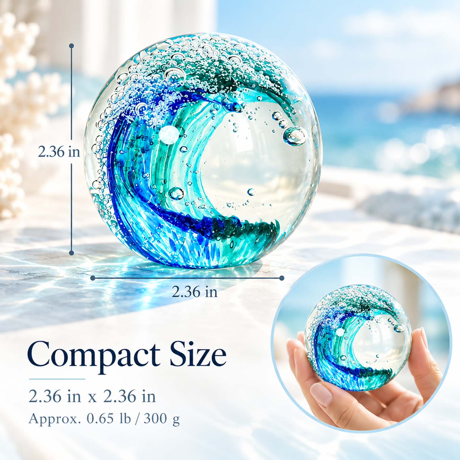 Ocean Wave Glass Ball, Hand Blown Sea Glass Paperweight, Coastal Beach Decor for Home, Aquarium & Ocean Themed Room, Gift for Beach Lovers - Image 2