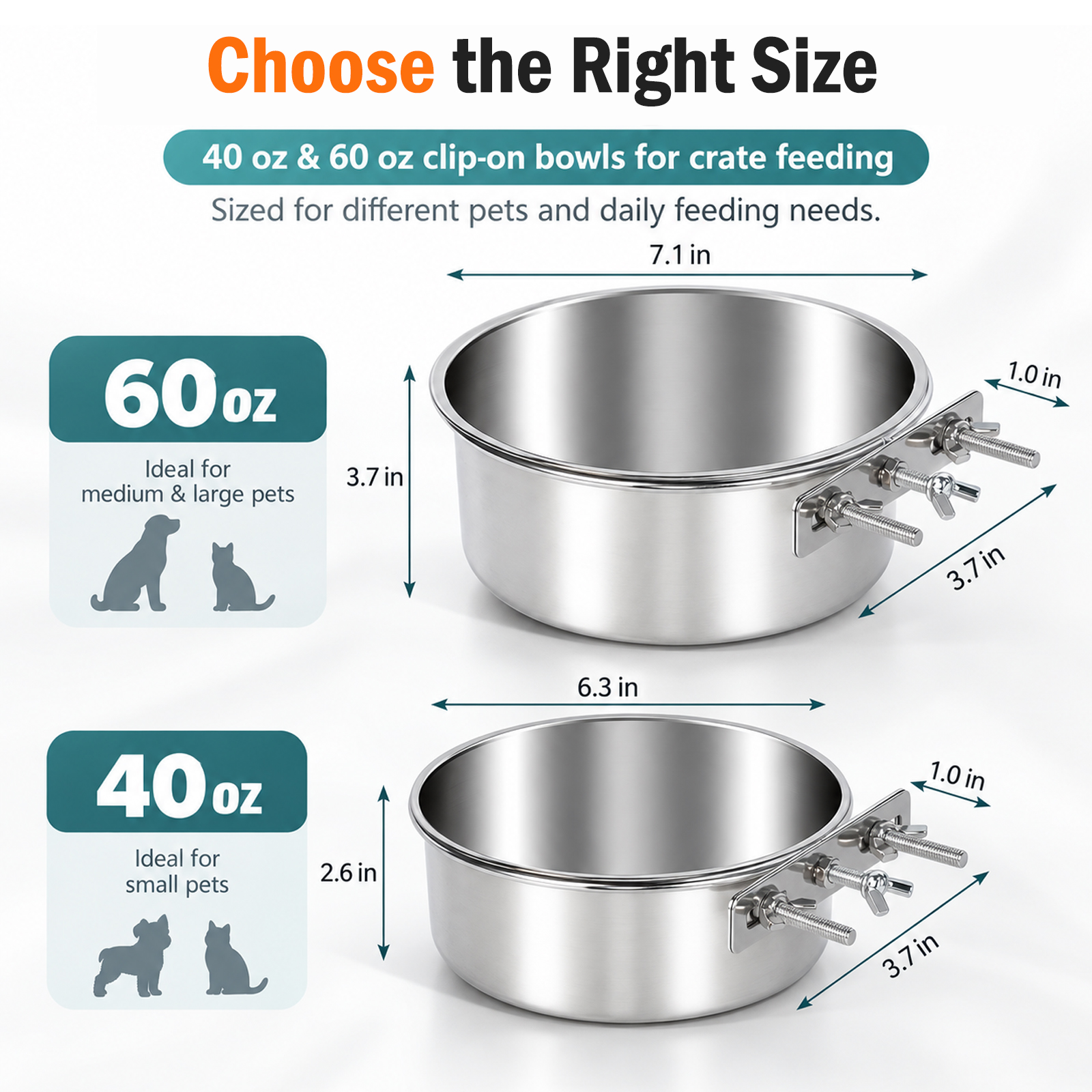 2 Pack No Spill Dog Crate Bowls, Stainless Steel Hanging Kennel Water & Food Bowls for Cage, Metal Feeder Dish for Medium Large Dogs Pets - Image 2