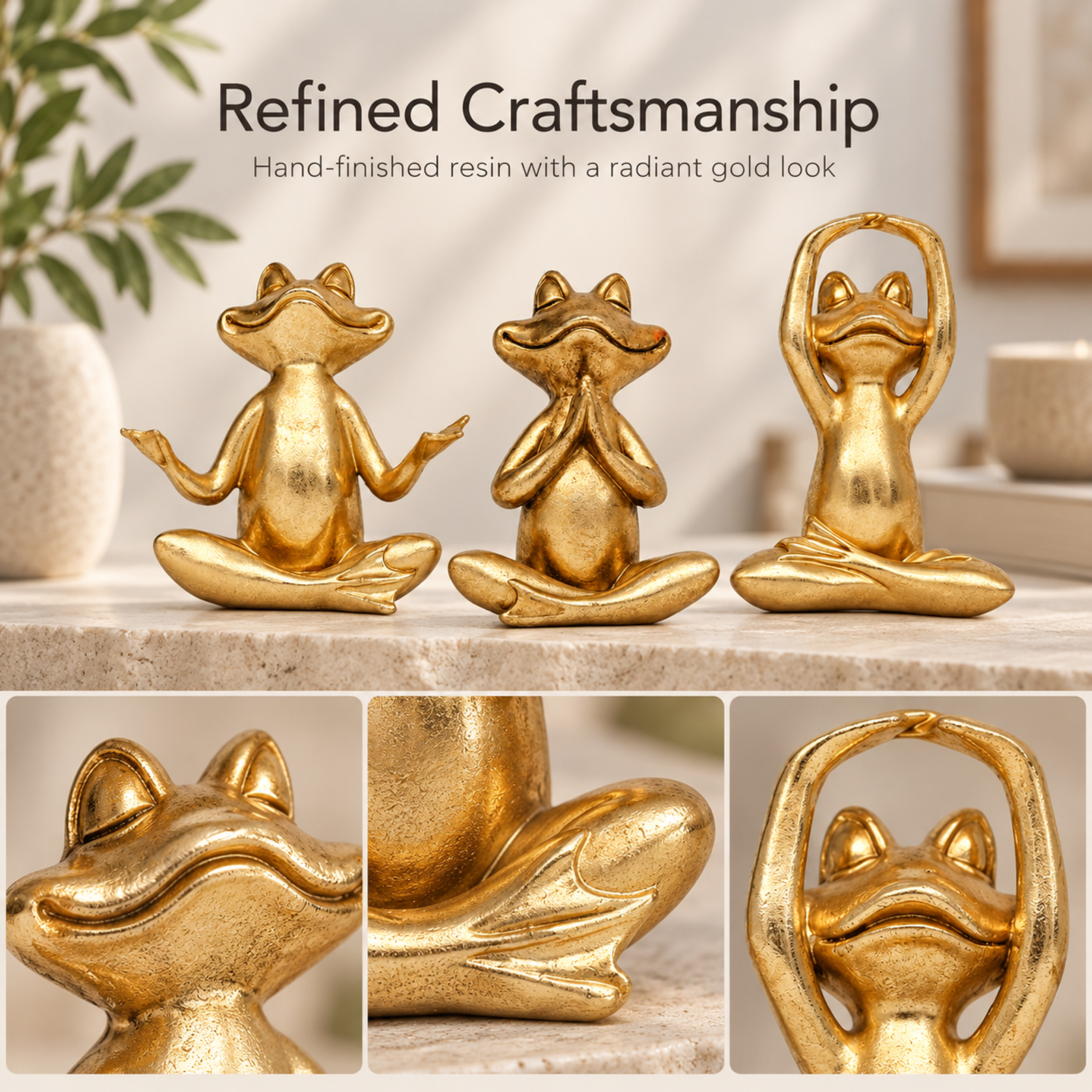 3 Pcs Gold Frog Yoga Statues, Zen Resin Figurines for Shelf Desk Office, Peace & Good Luck Decor, Gift for Mom Women - Image 3