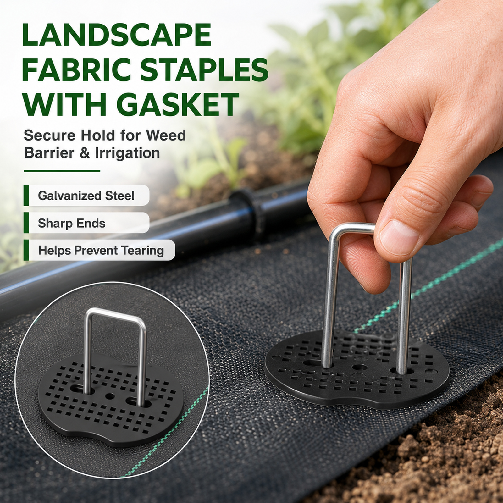50 Pcs Garden Stakes Landscape Staples Set, 6 Inch 11 Gauge Heavy Duty Galvanized U-Shaped Pins with 50 Gaskets for Weed Barrier Fabric, Grass Sod, Artificial Turf & Yard Landscape, Weed Barrier - Image 3