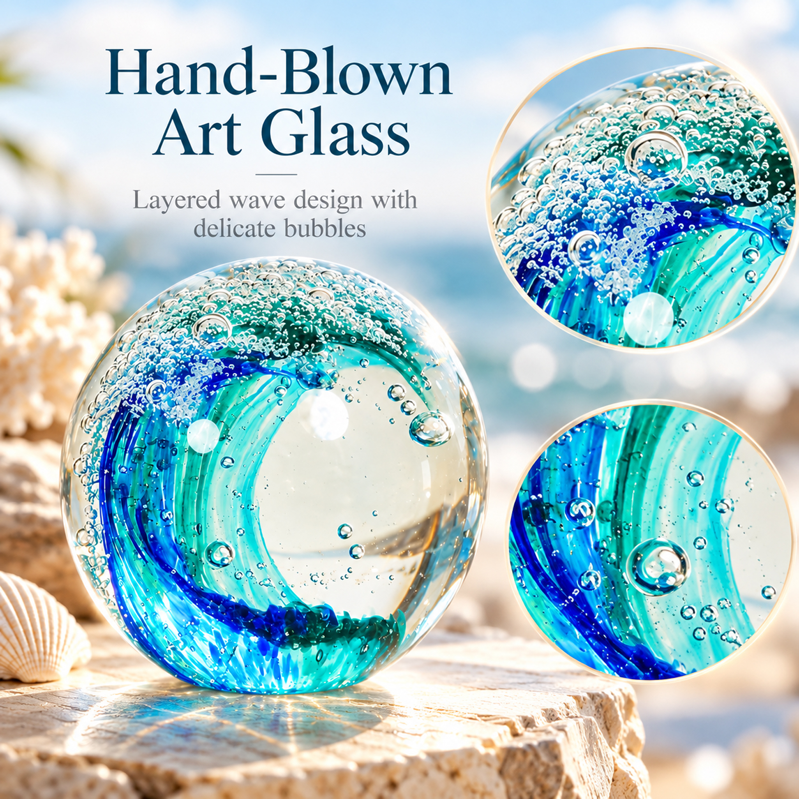 Ocean Wave Glass Ball, Hand Blown Sea Glass Paperweight, Coastal Beach Decor for Home, Aquarium & Ocean Themed Room, Gift for Beach Lovers - Image 3