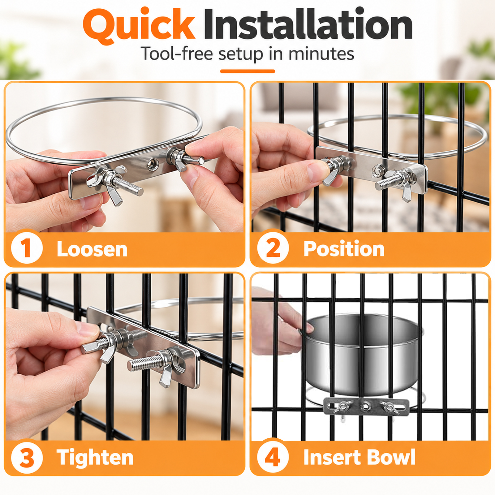 2 Pack No Spill Dog Crate Bowls, Stainless Steel Hanging Kennel Water & Food Bowls for Cage, Metal Feeder Dish for Medium Large Dogs Pets - Image 3