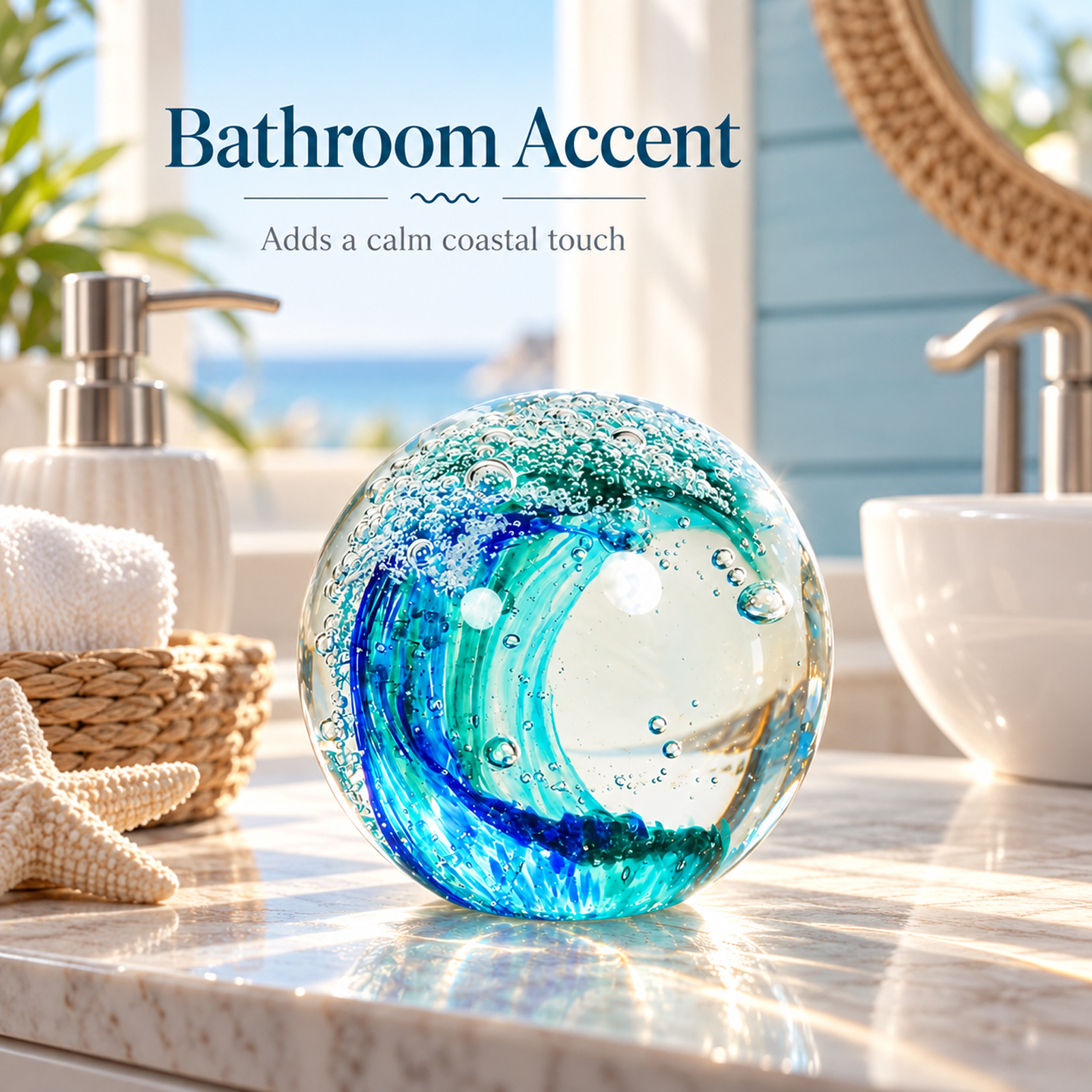 Ocean Wave Glass Ball, Hand Blown Sea Glass Paperweight, Coastal Beach Decor for Home, Aquarium & Ocean Themed Room, Gift for Beach Lovers - Image 4