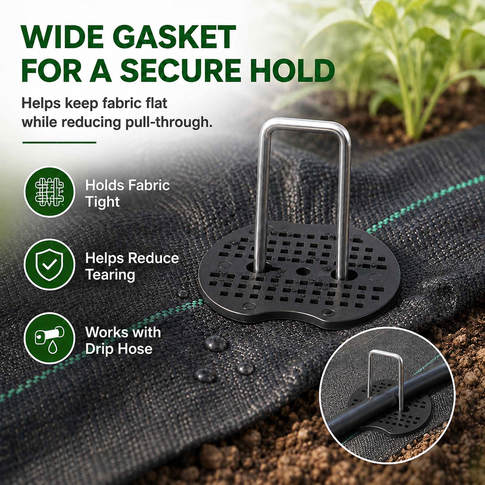 50 Pcs Garden Stakes Landscape Staples Set, 6 Inch 11 Gauge Heavy Duty Galvanized U-Shaped Pins with 50 Gaskets for Weed Barrier Fabric, Grass Sod, Artificial Turf & Yard Landscape, Weed Barrier - Image 4