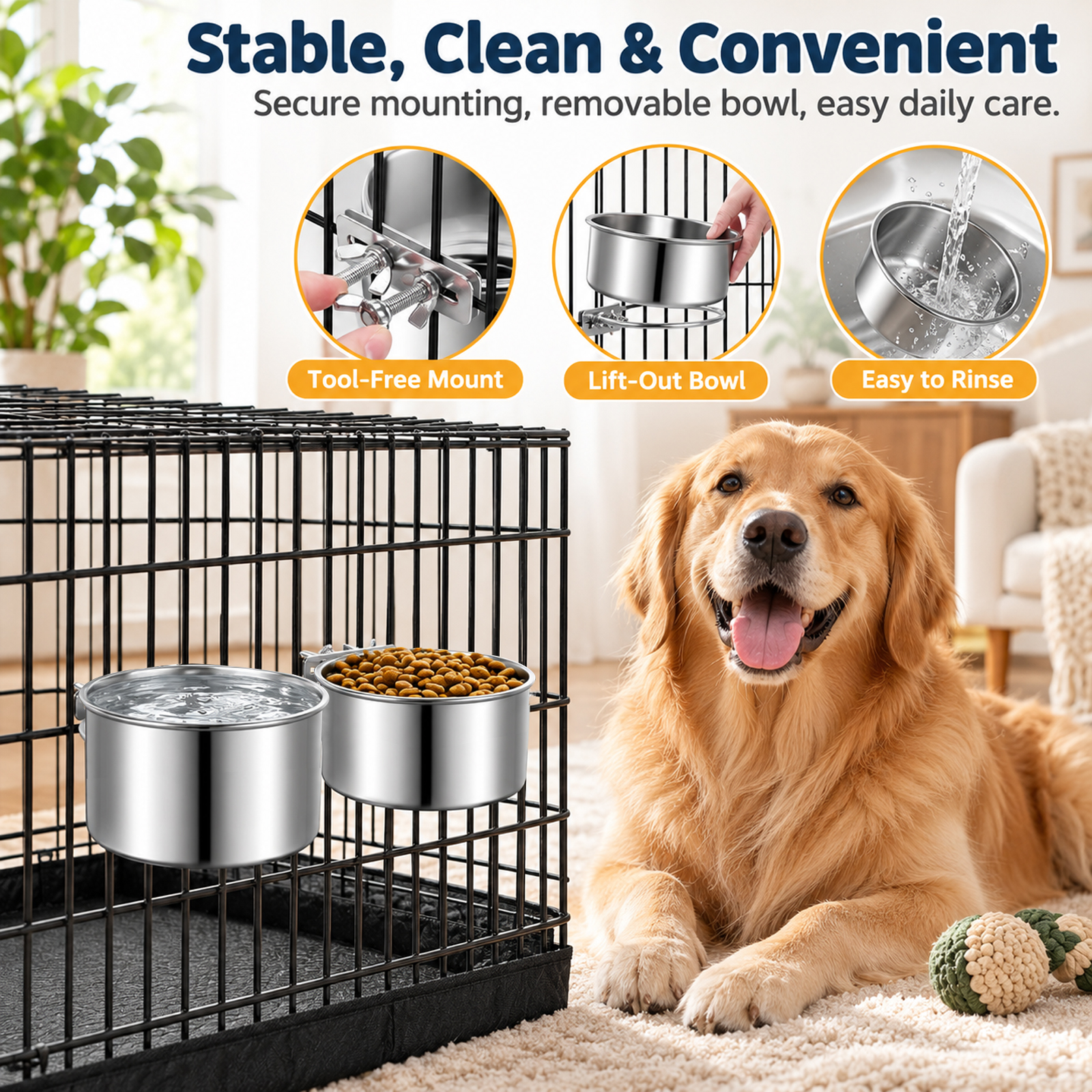 2 Pack No Spill Dog Crate Bowls, Stainless Steel Hanging Kennel Water & Food Bowls for Cage, Metal Feeder Dish for Medium Large Dogs Pets - Image 4