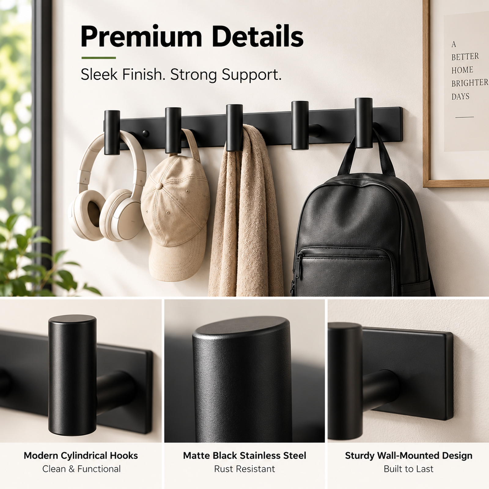 Wall Mount Coat Rack with 5 T-Shaped Hooks, Black Heavy-Duty Metal Hanging Rail, 15.5 Inch Wall Mount Hanger for Hats, Bags and Towels, Multi-Purpose Storage Organizer for Entryway, Bathroom, Closet - Image 3