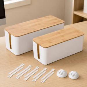2 Pack Cable Management Box, Wooden Style Cord Organizer Box for TV Wires, Computer Cables, USB Hubs and Under Desk Power Strips, ABS Material for Home and Office