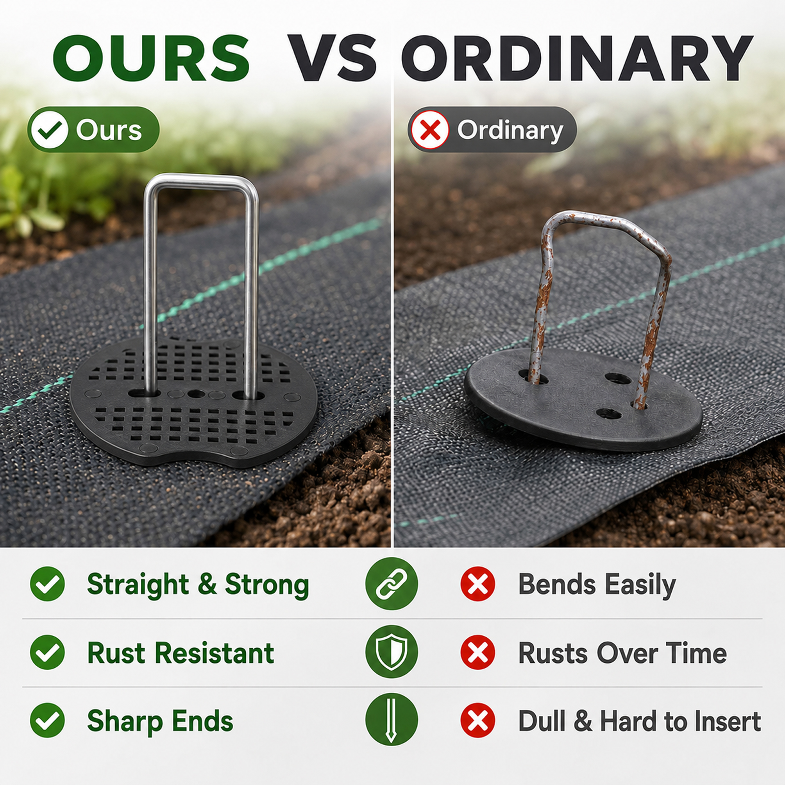 50 Pcs Garden Stakes Landscape Staples Set, 6 Inch 11 Gauge Heavy Duty Galvanized U-Shaped Pins with 50 Gaskets for Weed Barrier Fabric, Grass Sod, Artificial Turf & Yard Landscape, Weed Barrier - Image 5