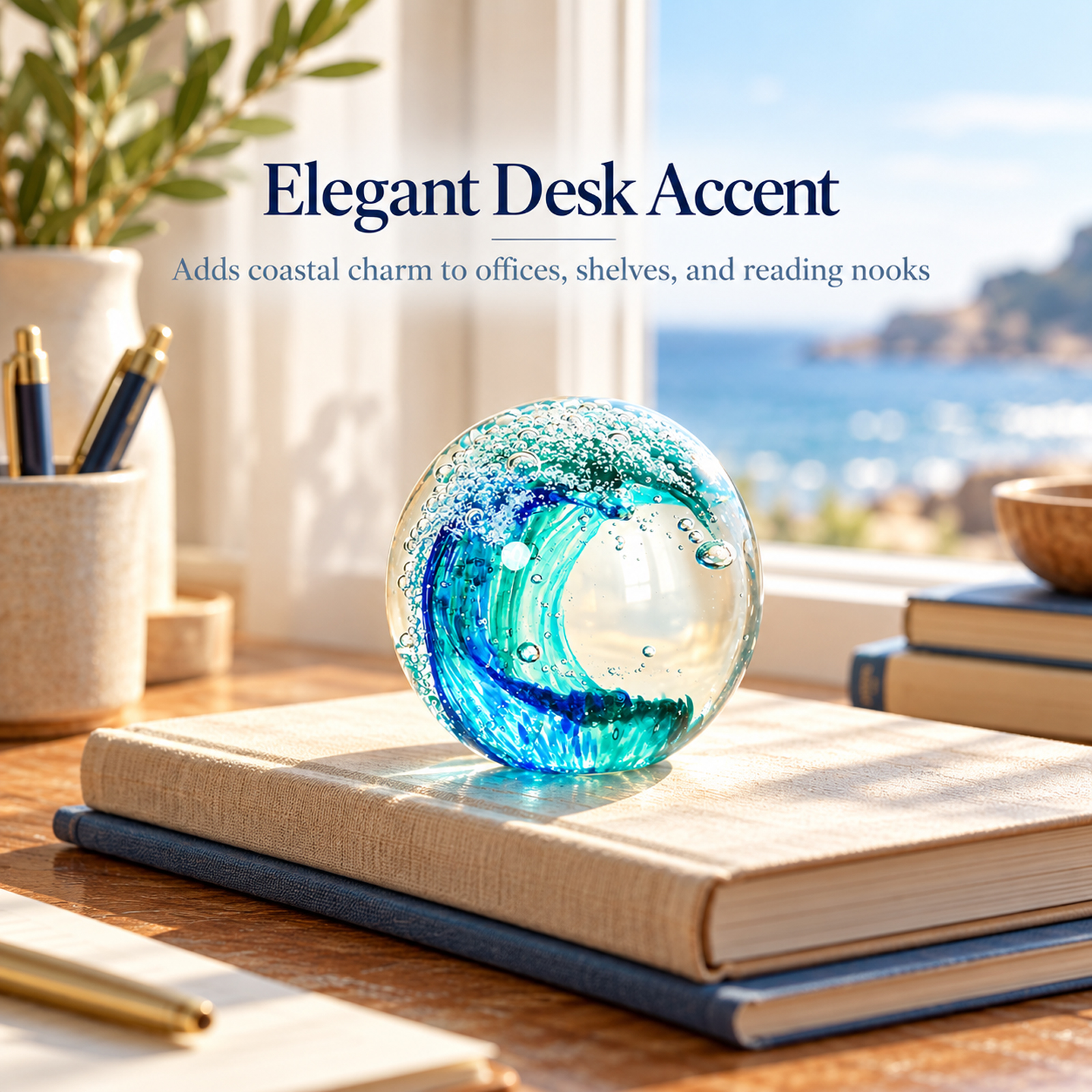 Ocean Wave Glass Ball, Hand Blown Sea Glass Paperweight, Coastal Beach Decor for Home, Aquarium & Ocean Themed Room, Gift for Beach Lovers - Image 5