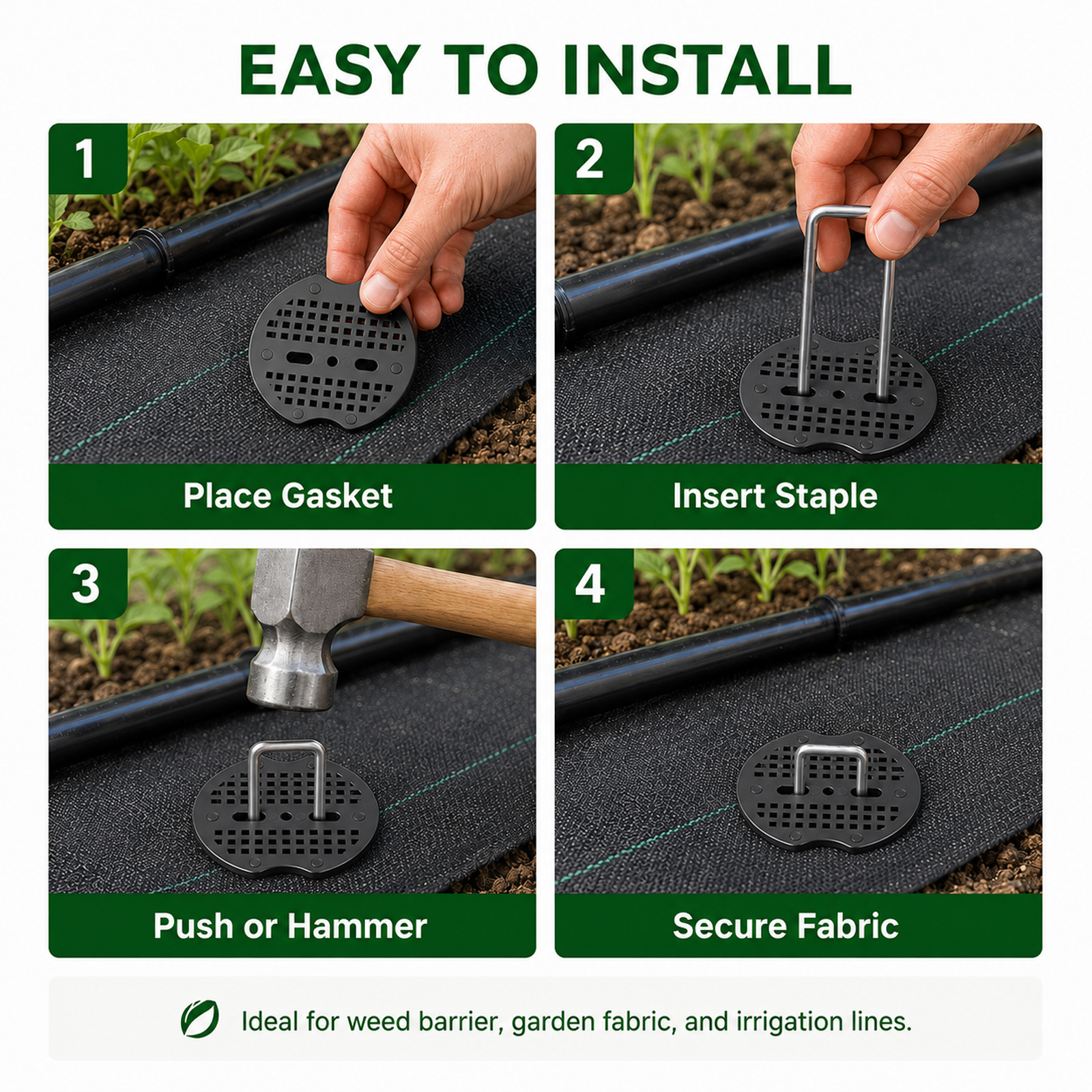 50 Pcs Garden Stakes Landscape Staples Set, 6 Inch 11 Gauge Heavy Duty Galvanized U-Shaped Pins with 50 Gaskets for Weed Barrier Fabric, Grass Sod, Artificial Turf & Yard Landscape, Weed Barrier - Image 6