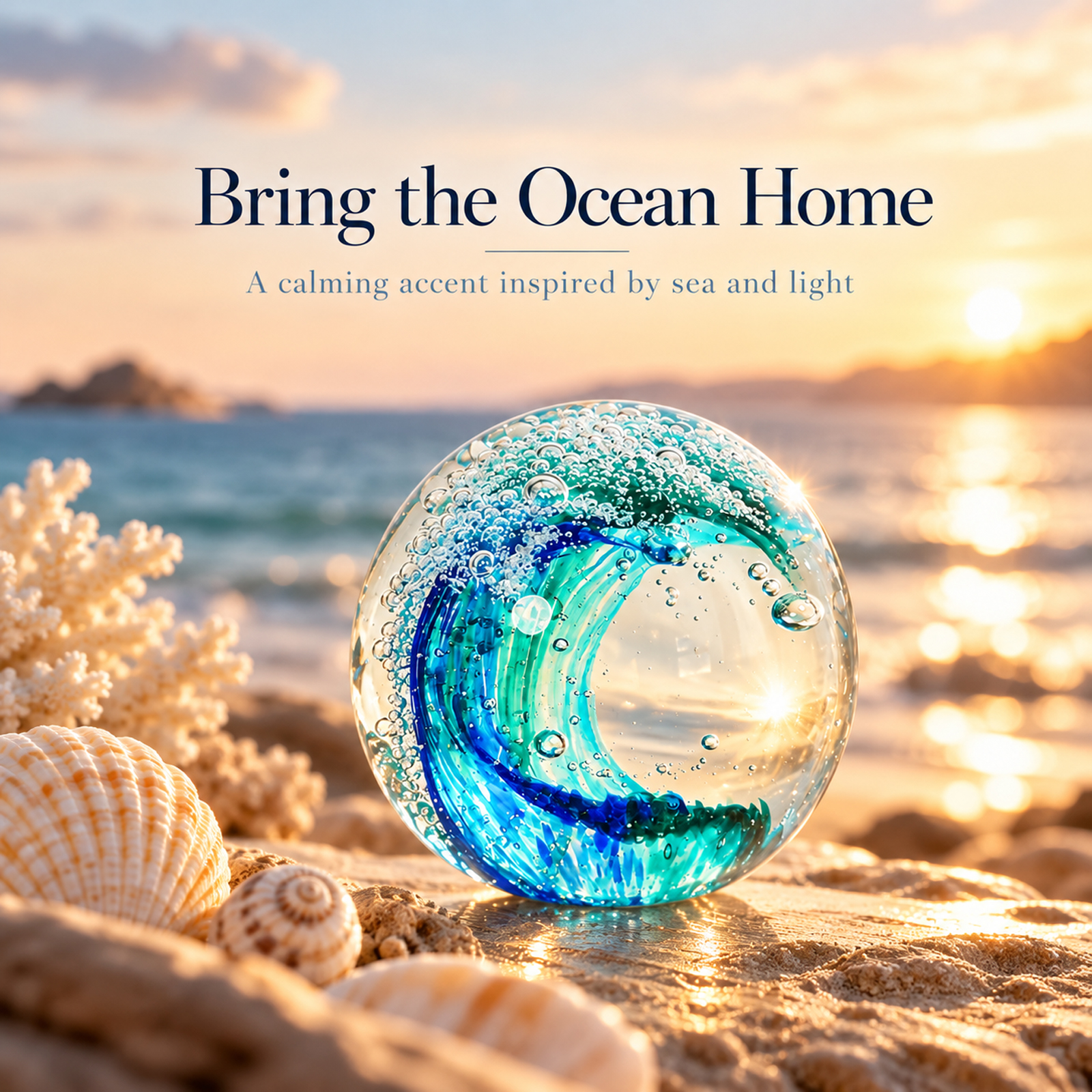 Ocean Wave Glass Ball, Hand Blown Sea Glass Paperweight, Coastal Beach Decor for Home, Aquarium & Ocean Themed Room, Gift for Beach Lovers - Image 6
