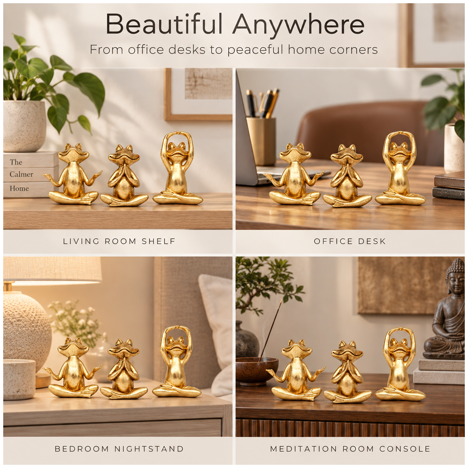 3 Pcs Gold Frog Yoga Statues, Zen Resin Figurines for Shelf Desk Office, Peace & Good Luck Decor, Gift for Mom Women - Image 6