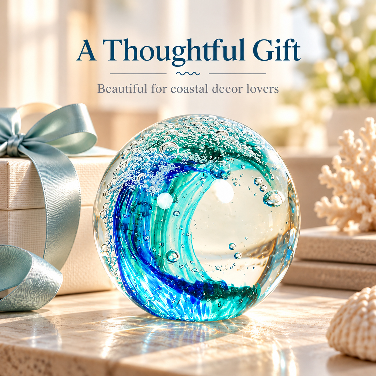 Ocean Wave Glass Ball, Hand Blown Sea Glass Paperweight, Coastal Beach Decor for Home, Aquarium & Ocean Themed Room, Gift for Beach Lovers - Image 7