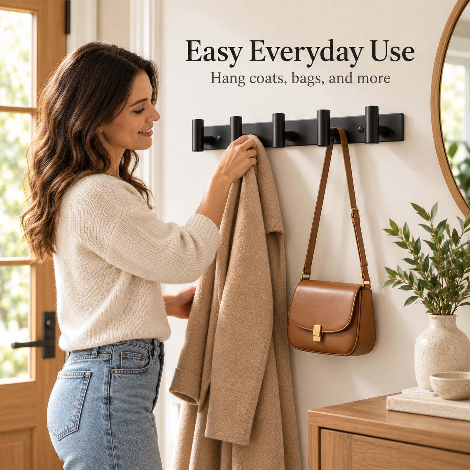 Wall Mount Coat Rack with 5 T-Shaped Hooks, Black Heavy-Duty Metal Hanging Rail, 15.5 Inch Wall Mount Hanger for Hats, Bags and Towels, Multi-Purpose Storage Organizer for Entryway, Bathroom, Closet - Image 6