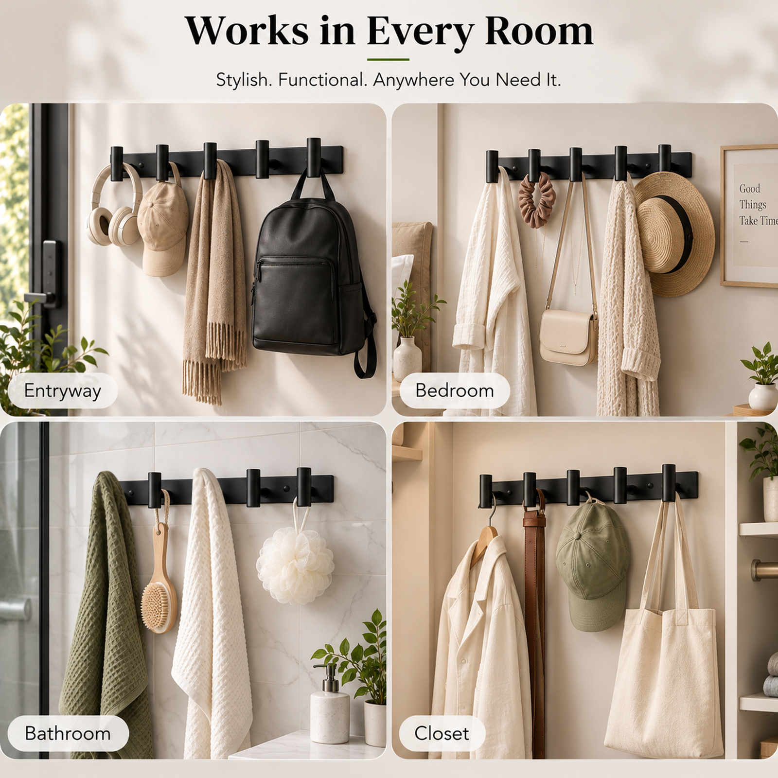 Wall Mount Coat Rack with 5 T-Shaped Hooks, Black Heavy-Duty Metal Hanging Rail, 15.5 Inch Wall Mount Hanger for Hats, Bags and Towels, Multi-Purpose Storage Organizer for Entryway, Bathroom, Closet - Image 7