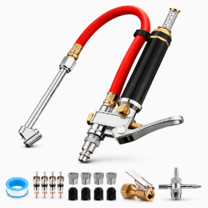 Tire Inflator with Gauge, 10-120 PSI Air Chuck with Pressure Gauge, Dual-Head Chuck with 12 in Rubber Hose and 1/4 in NPT Inlet for Car, Truck, RV, SUV