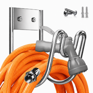 Garden Hose Holder, Stainless Steel Wall Mount Hose Hanger with Nozzle Slot, Silver 1 Pack for Outdoor Hose Storage